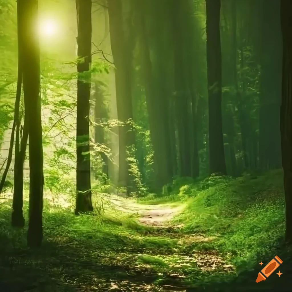 dreamy forest with sunlight streaming through trees
