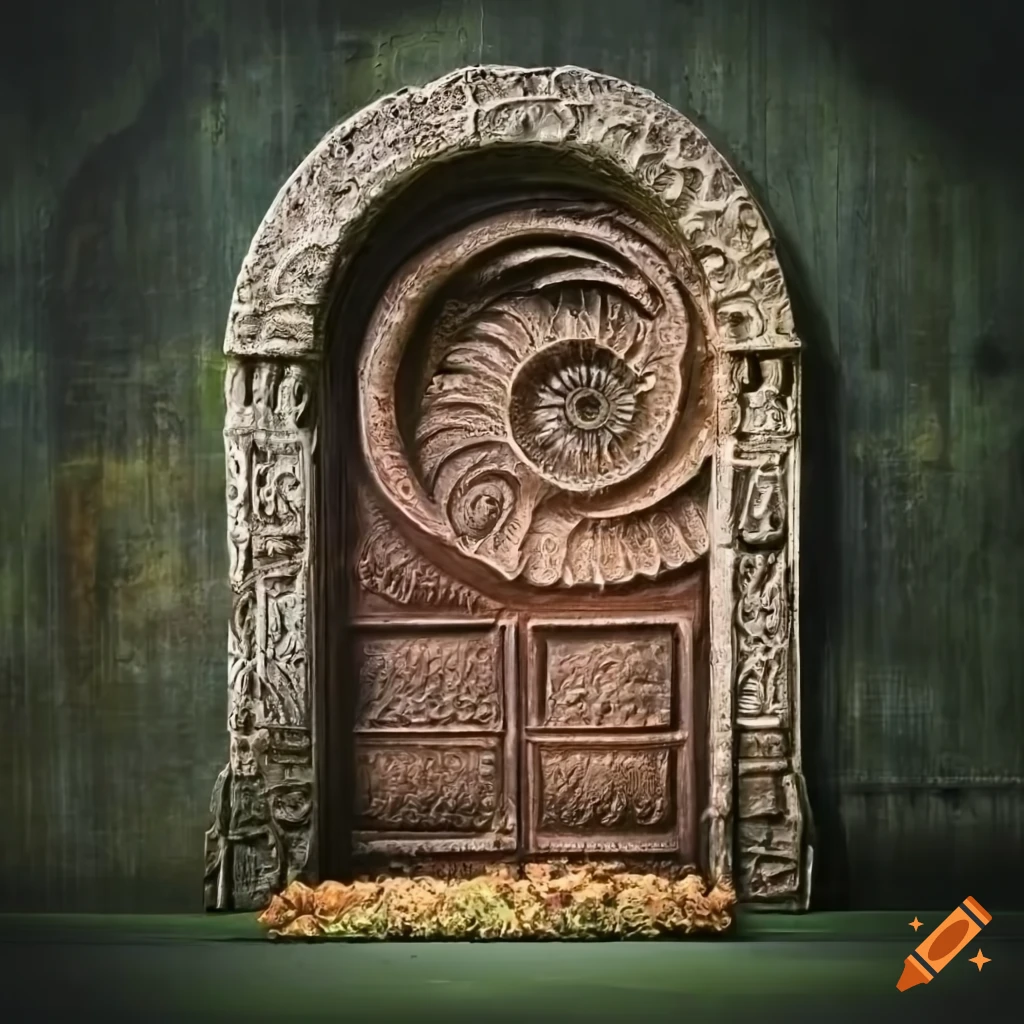 carved symbols on an ornate shale rock door