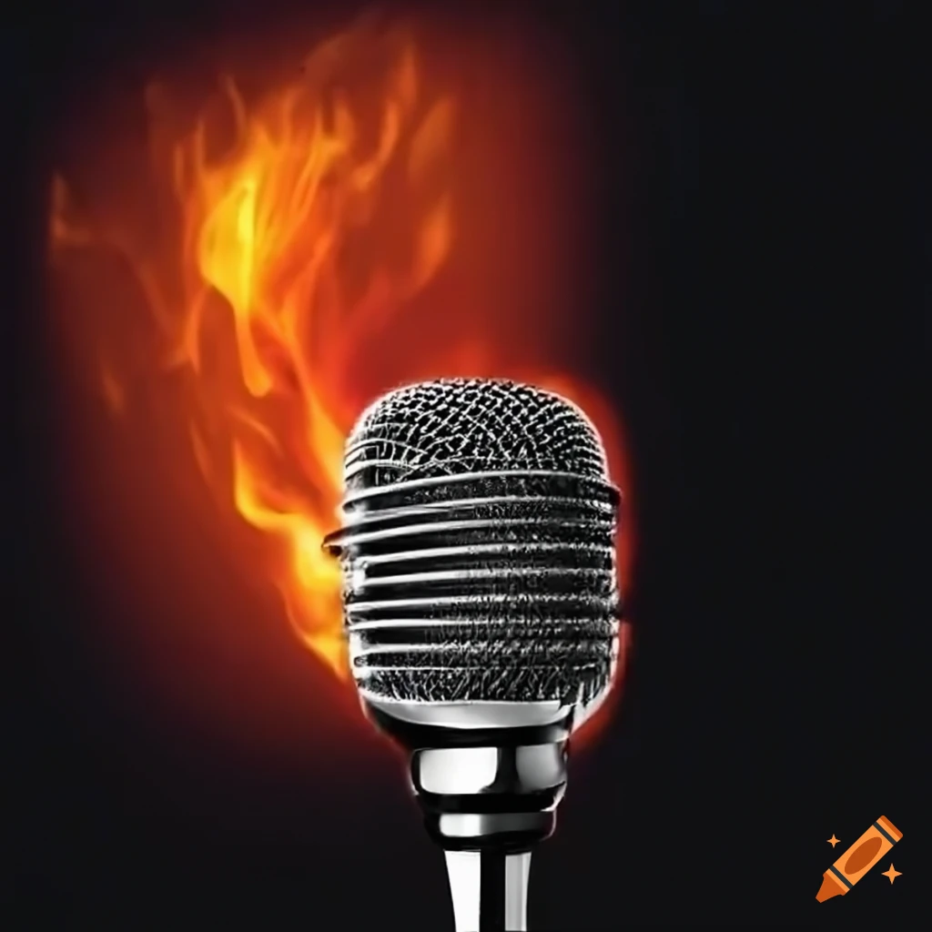 burning microphone on black background