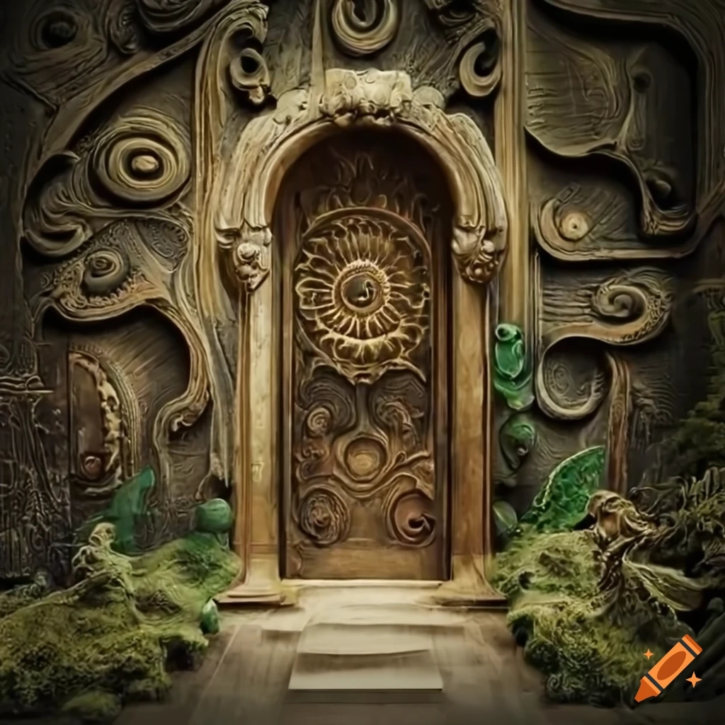 intricate witchcraft symbols carved on a shale rock door