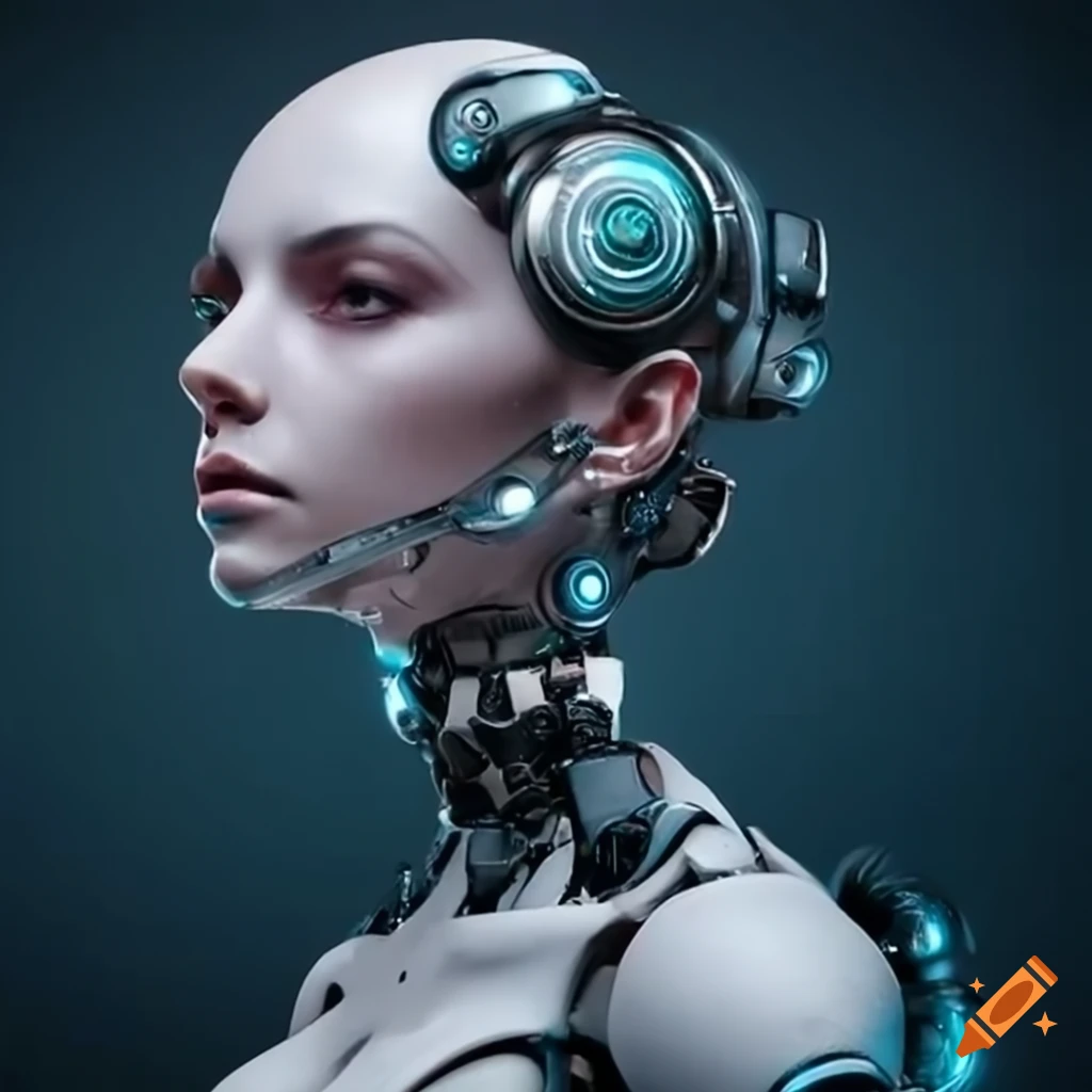 cyborg with a robotic eye and intricate details