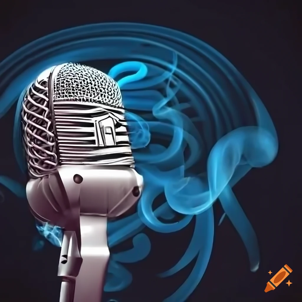 smoky microphone with musical notes in the background