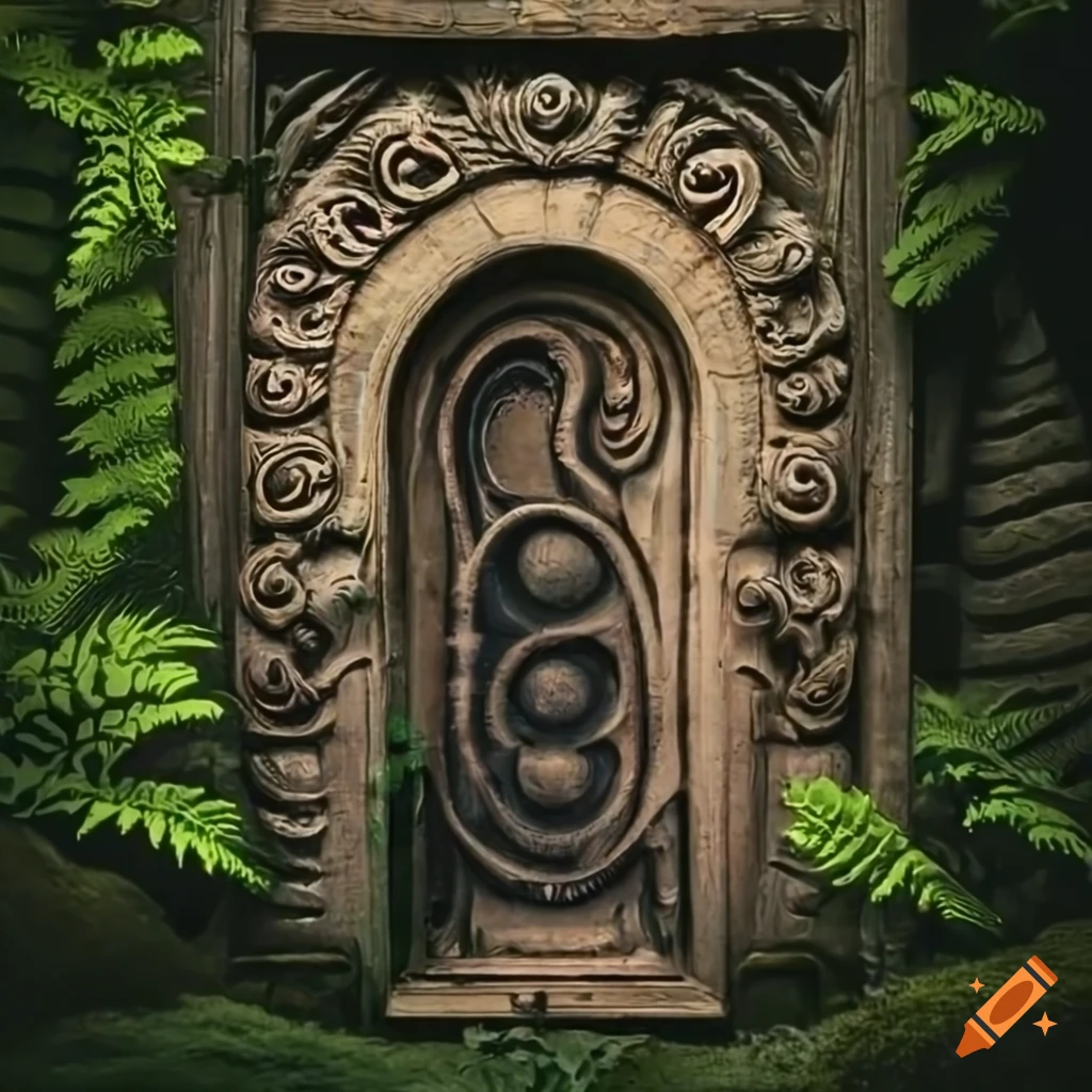 carved symbols on an ornate shale rock door