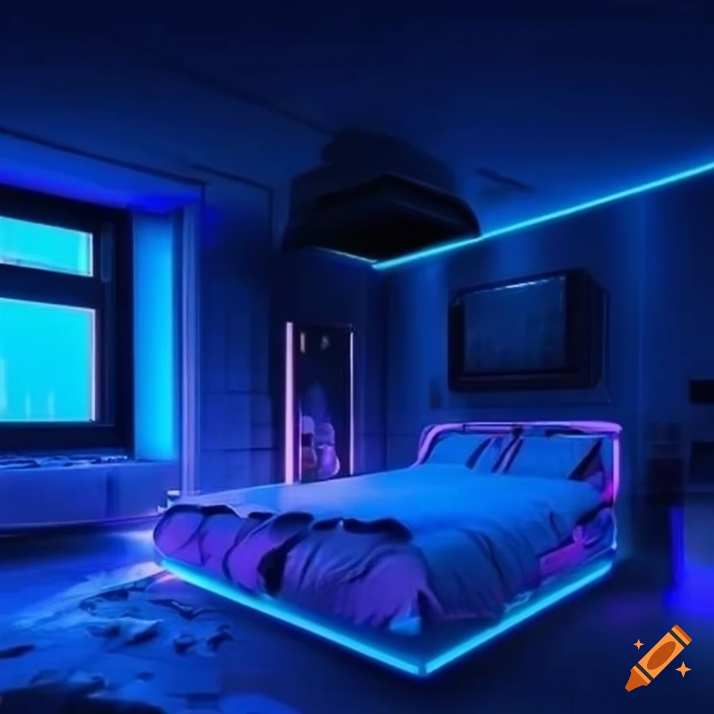 Gaming bedroom with blue glowing lights on Craiyon
