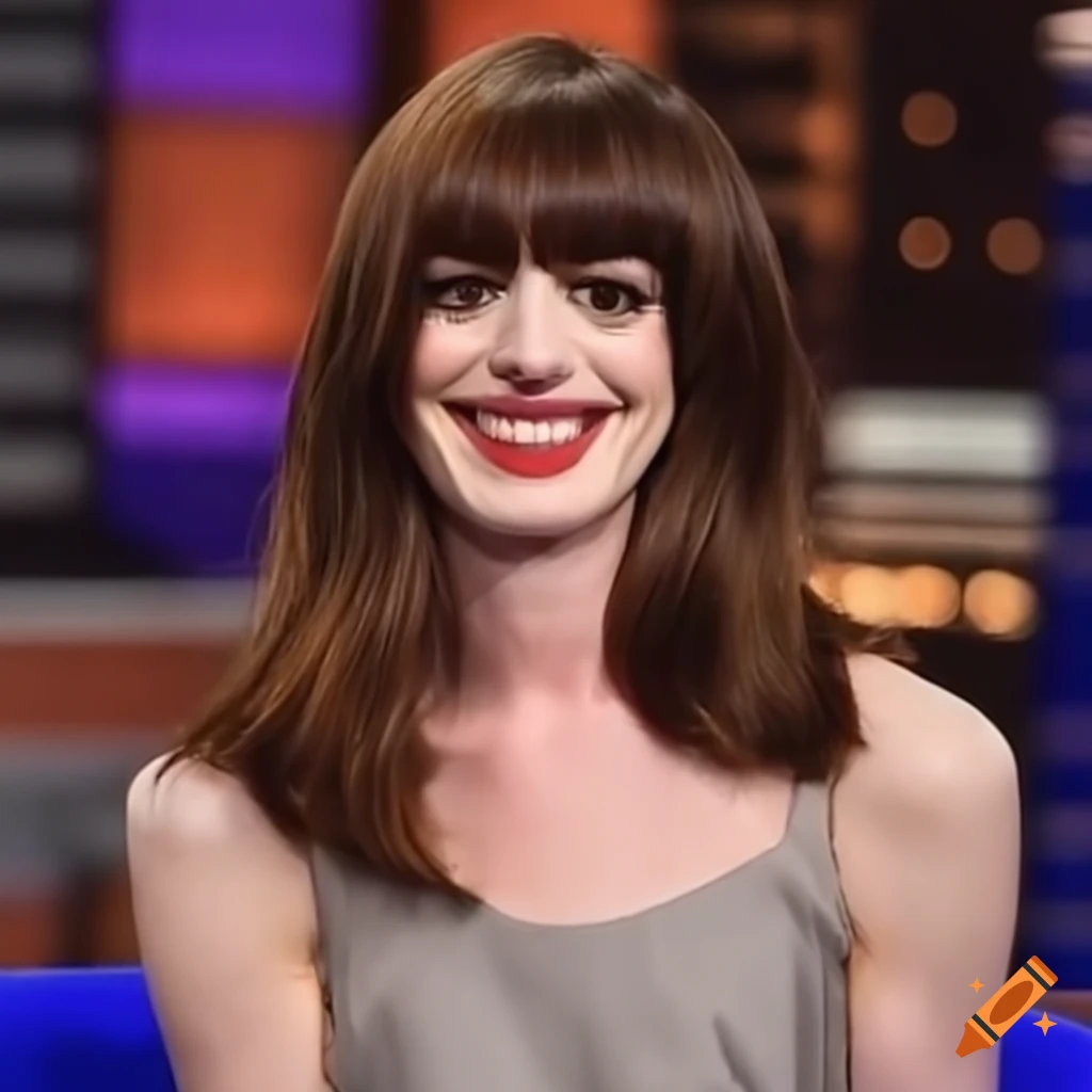 Anne Hathaway getting bangs trimmed on a talk show