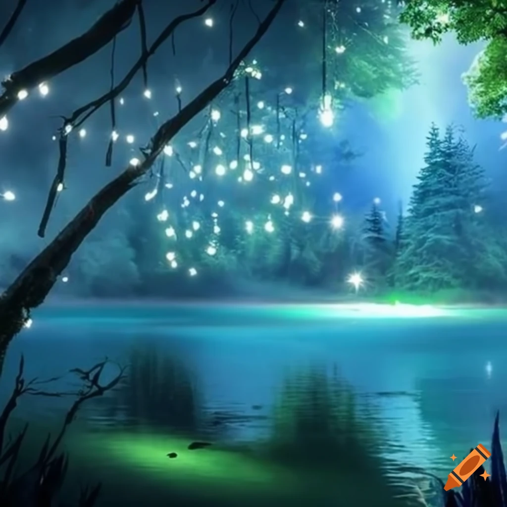 enchanted lake with hanging lights in the trees