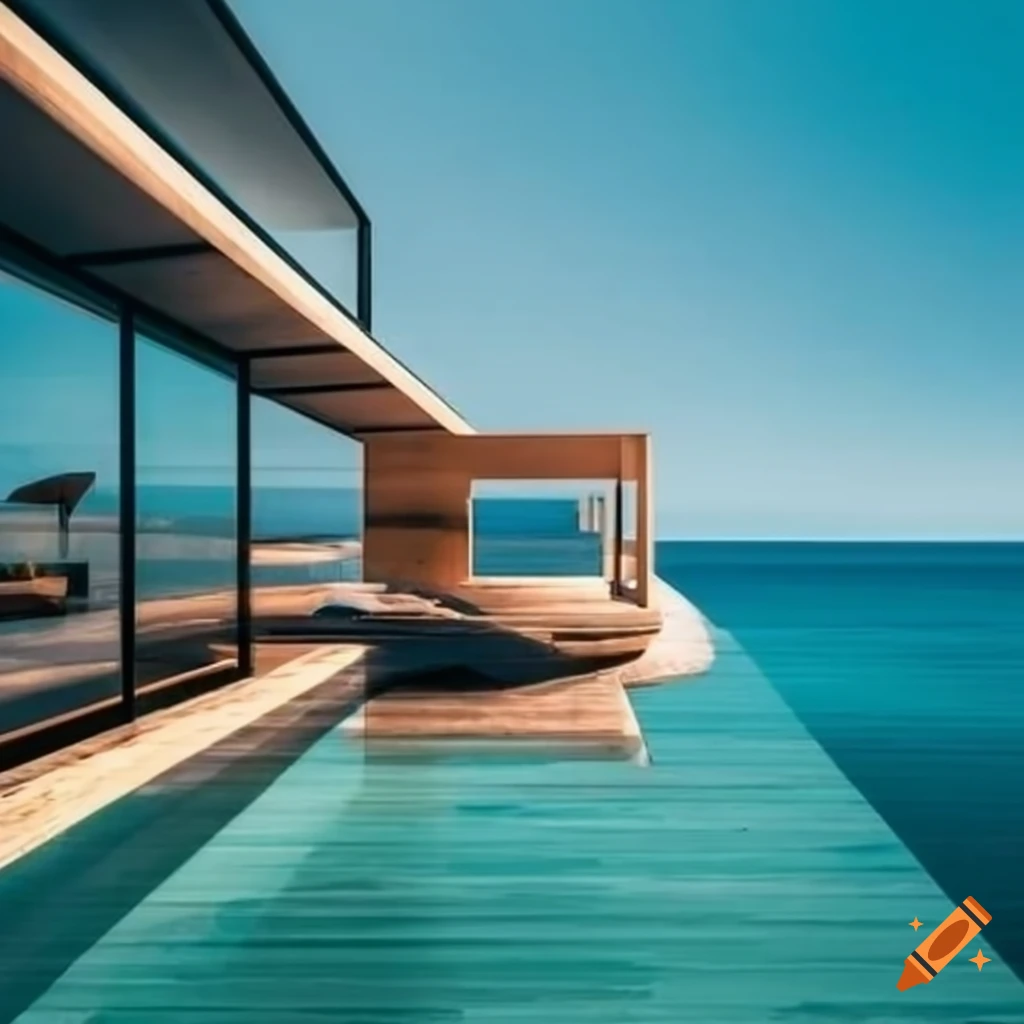 Vista from inside a modern beach house towards the ocean on Craiyon