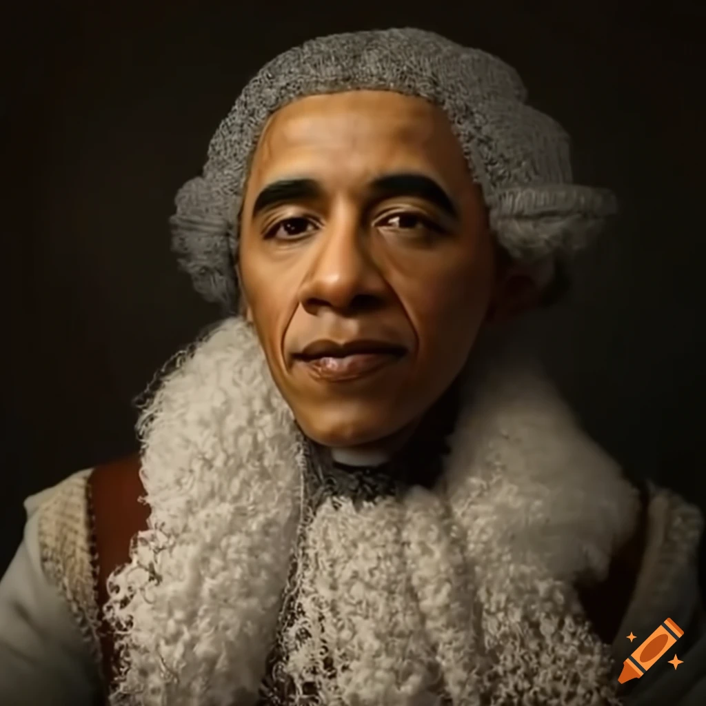 Cinematic portrayal of obama in powdered wig and 1700s clothing on Craiyon
