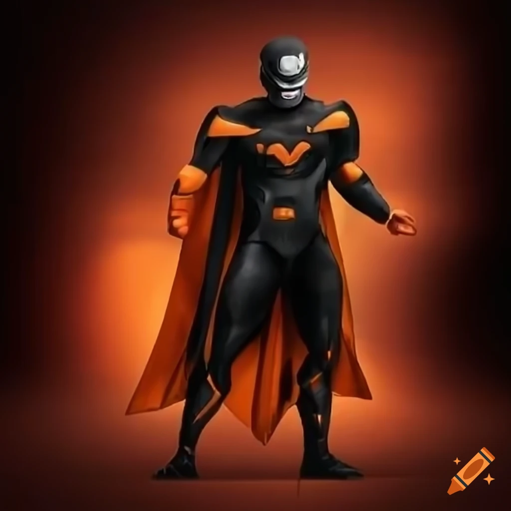 Illustration of a black and orange robotic superhero with a mask on Craiyon