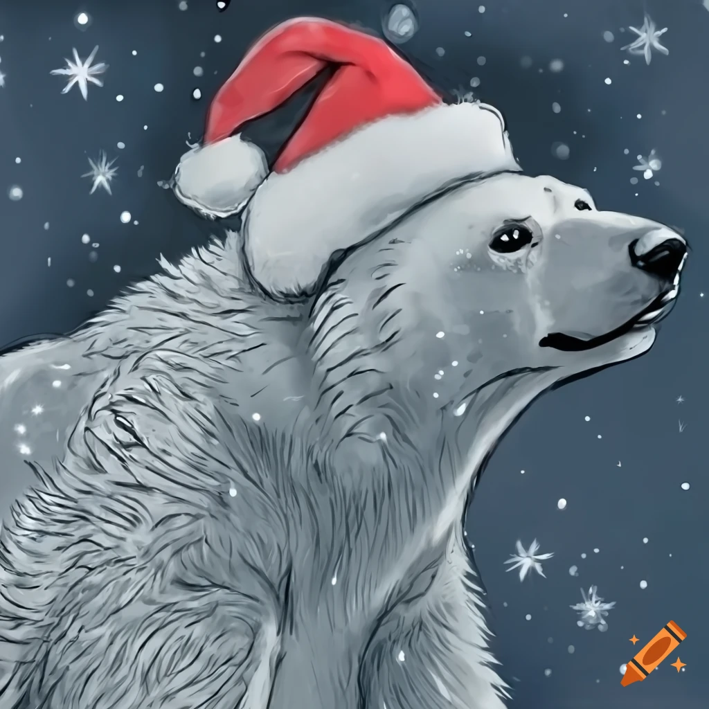 hyper realistic polar bear wearing a Santa hat