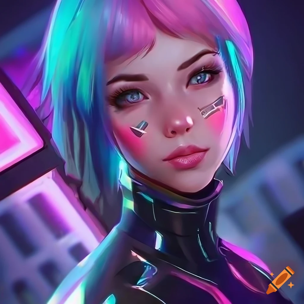 realistic artwork of a cyberpunk girl with pastel hair and vinyl catsuit