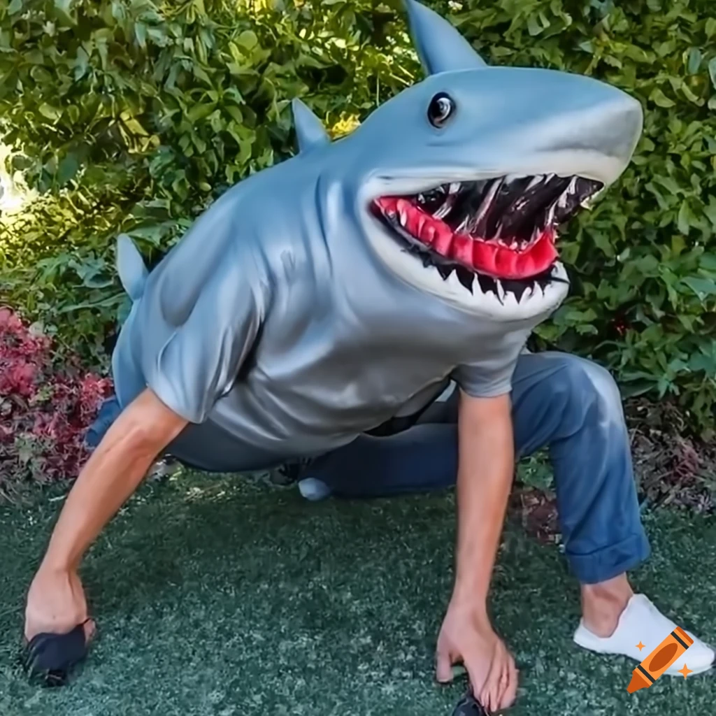 man in a shark mask sitting in front yard
