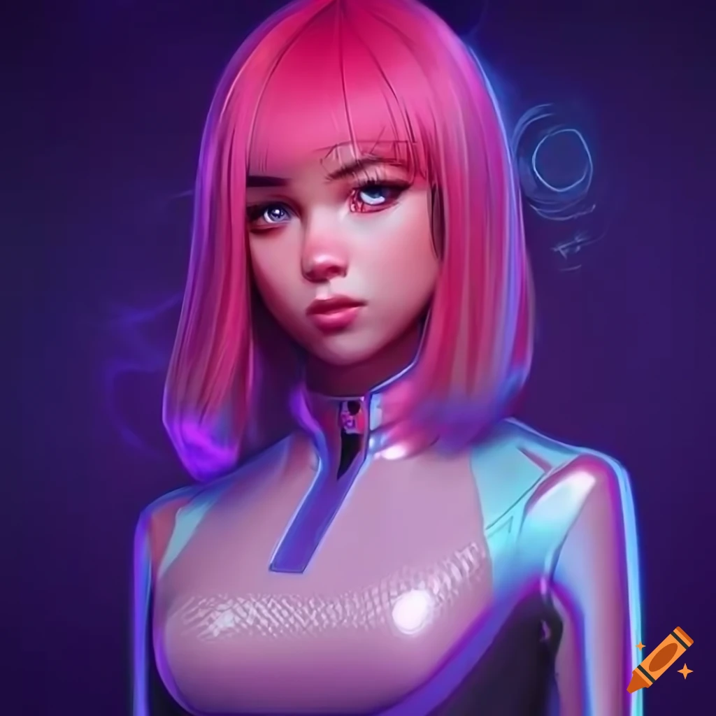 realistic artwork of a cyberpunk girl with holographic latex catsuit