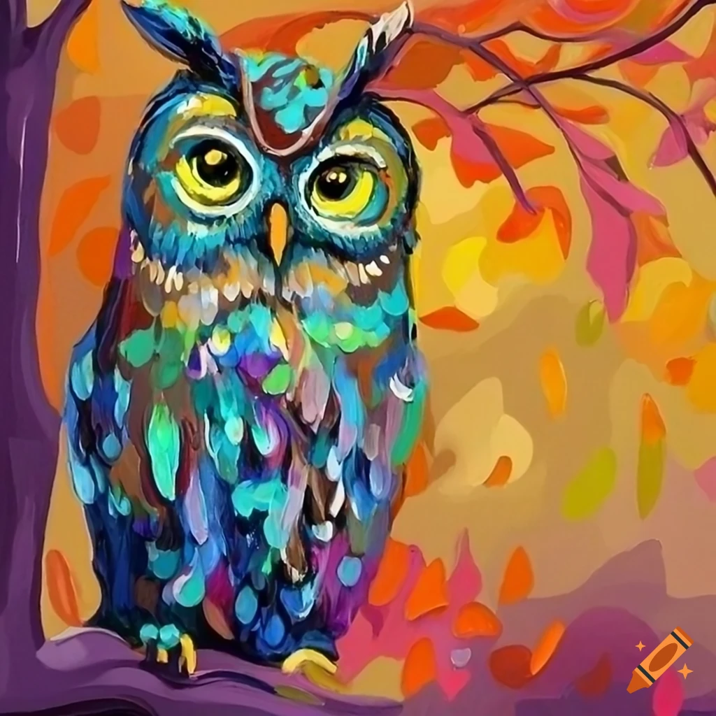 acrylic painting of a majestic owl on a tree