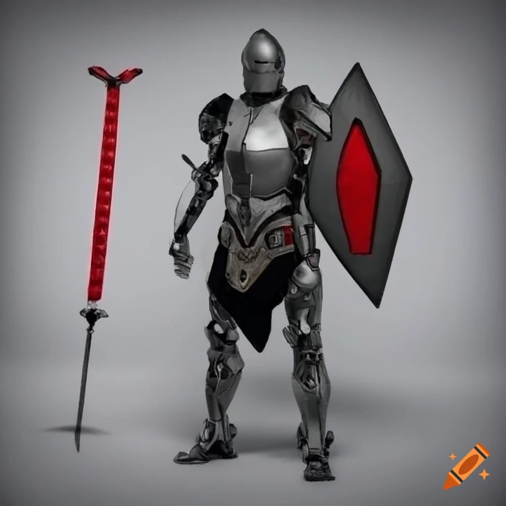 cyborg knight with extendable body parts and red shield