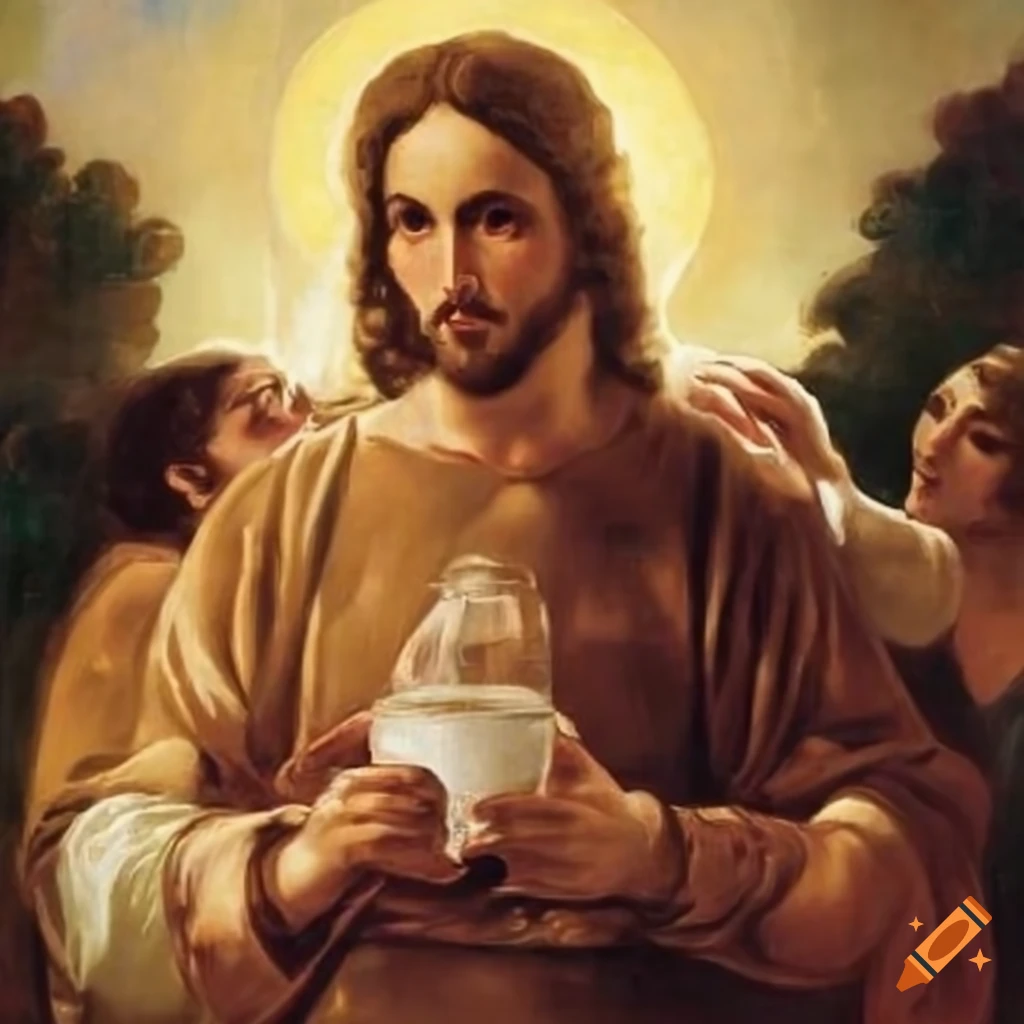 Classicist painting of jesus turning water into wine on Craiyon