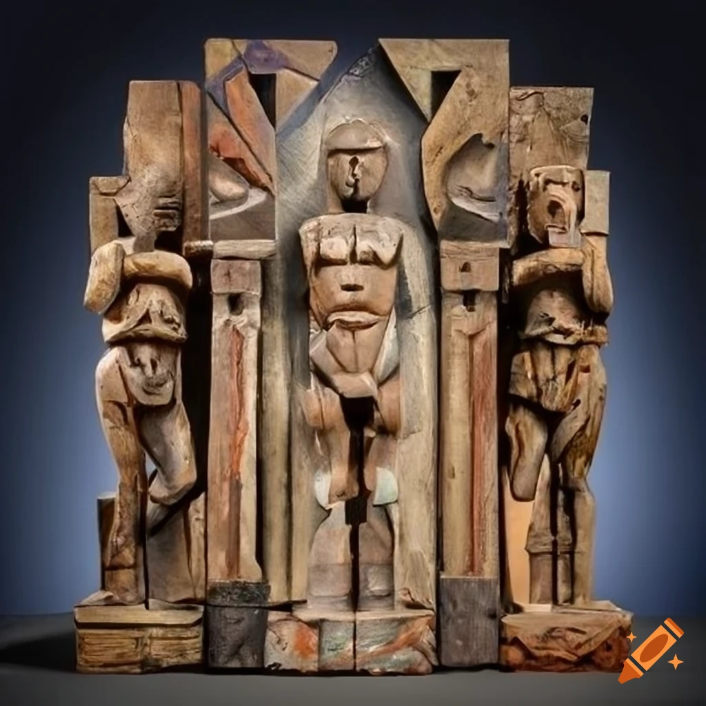 weathered wood sculpture of ancient gods