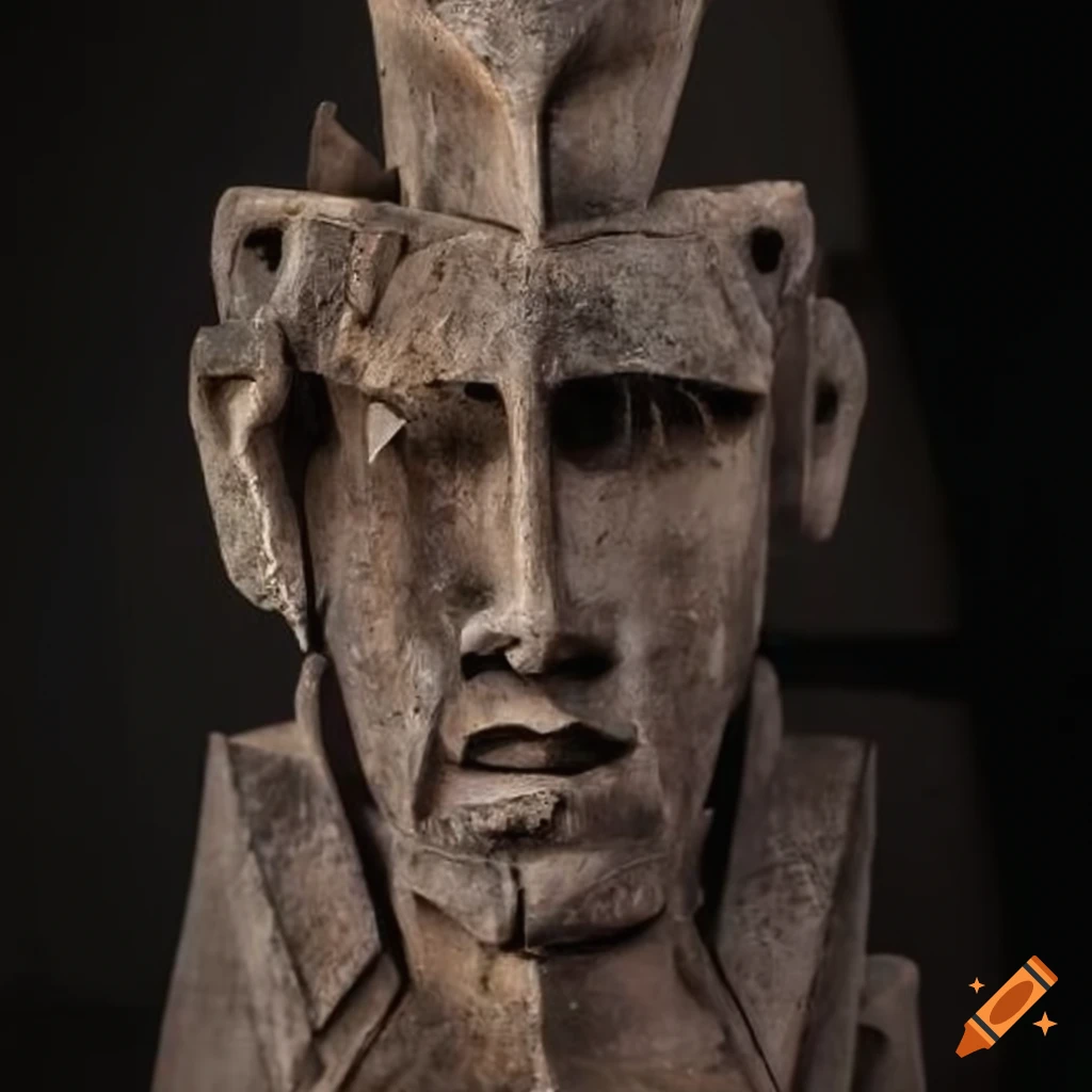 weathered iron sculpture of ancient deities