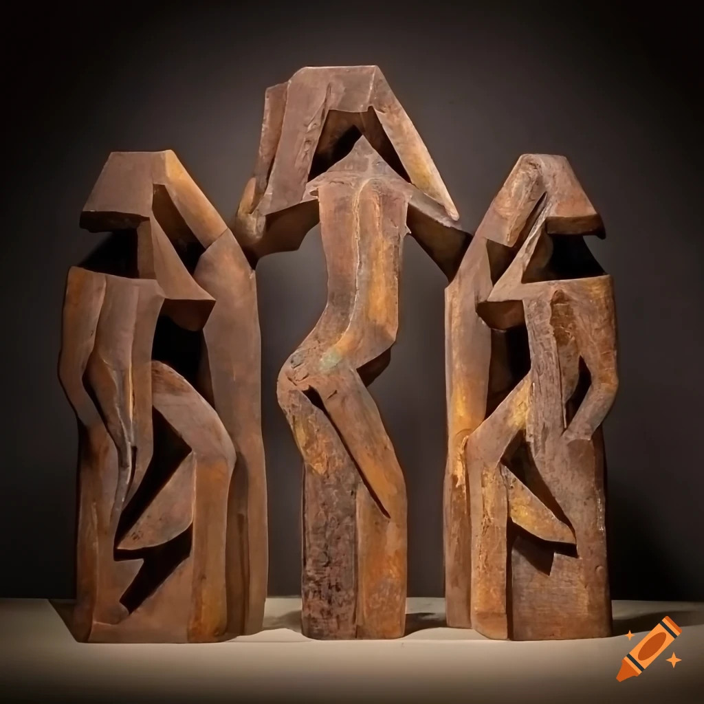 handcrafted cubist sculpture of ancient gods