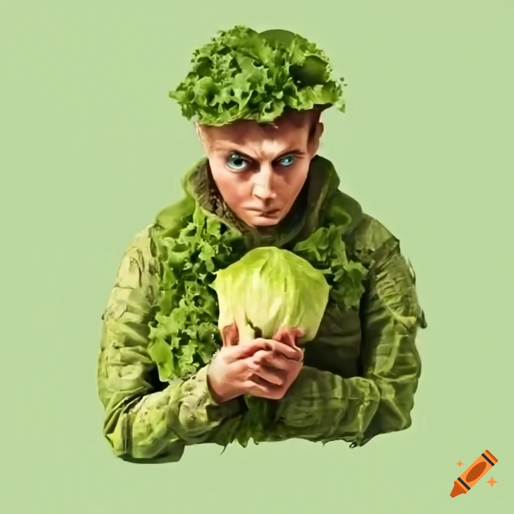 Humorous depiction of a lettuceheaded soldier on Craiyon