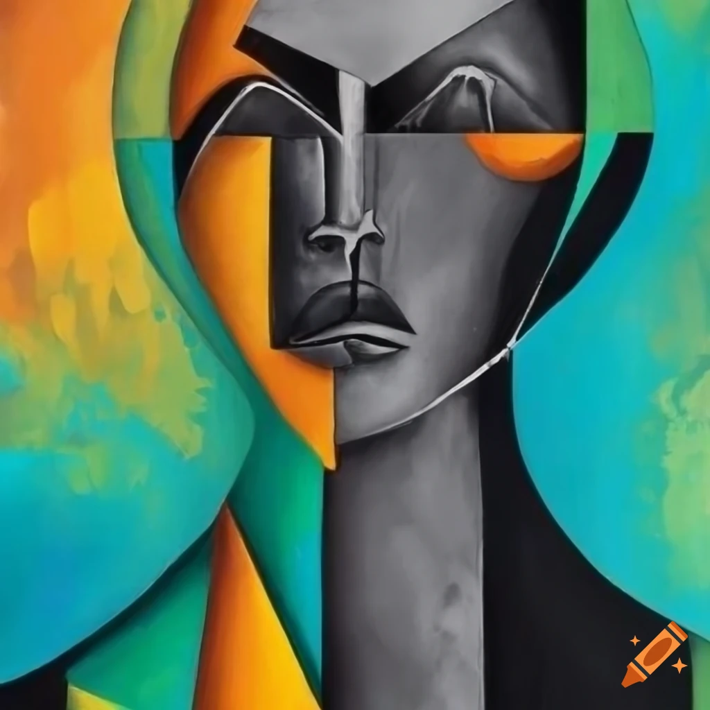 black and white cubist artwork with orange, green, blue accents