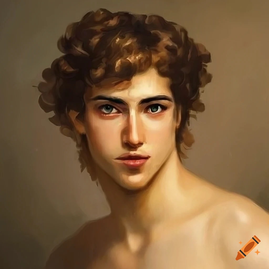 oil painting of a handsome male angel with light brown hair