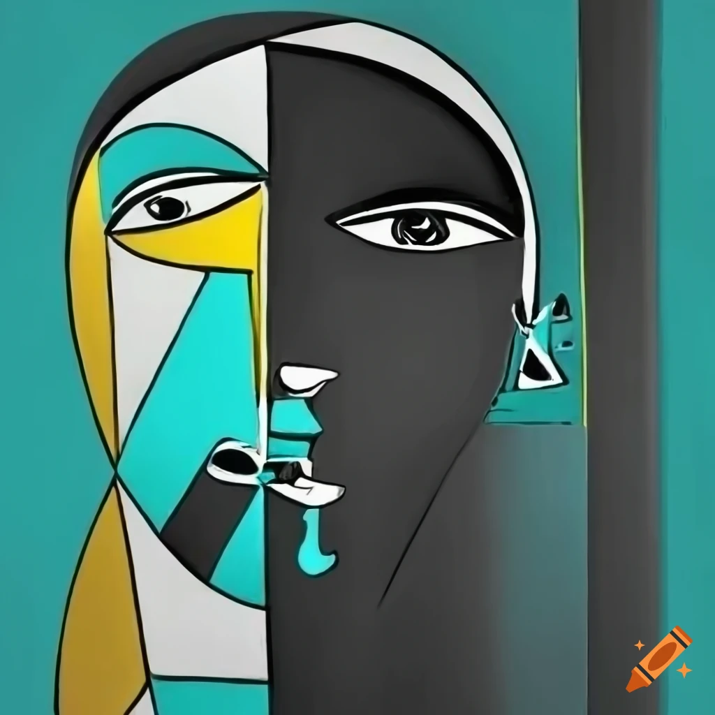 Picasso inspired artwork in black and white with peach, yellow, and turquoise accents