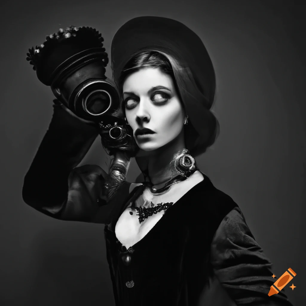 Monochrome portrait of a woman in a steampunk gas mask on Craiyon
