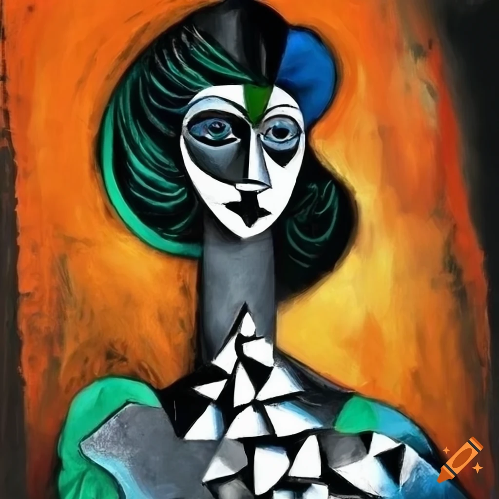 surrealistic black and white painting with orange, green, blue and thin black lines