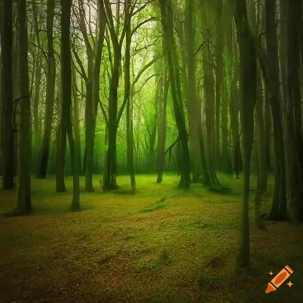 photograph of a bright forest with tall trees