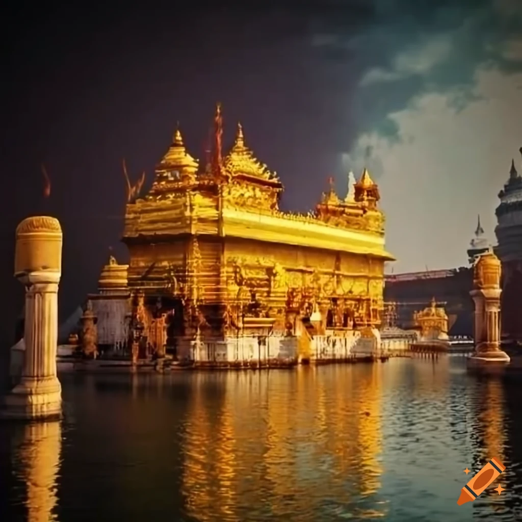 image of a golden temple with rat statues and green fire