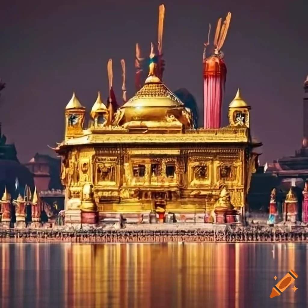 image of a golden temple with rat statues and green fire