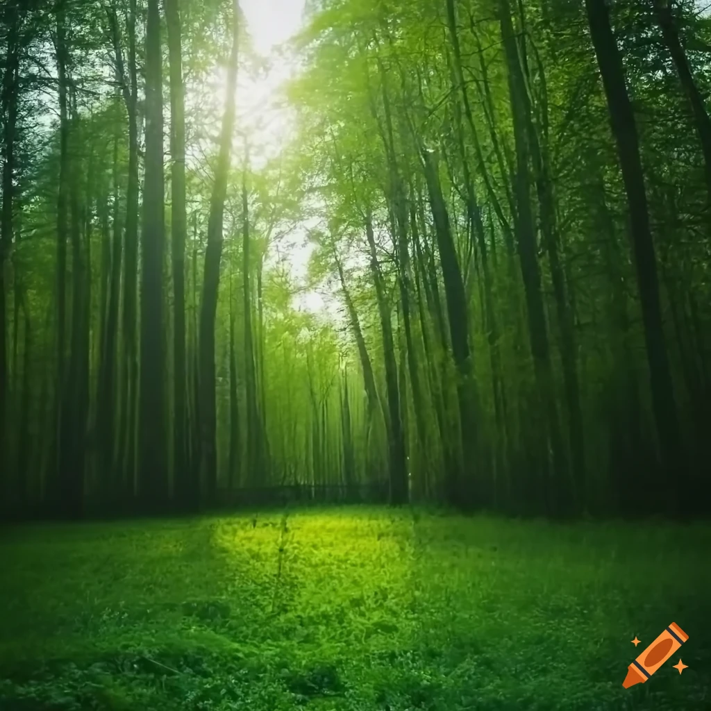 photograph of a bright forest with tall trees