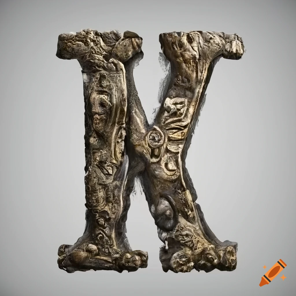 ultra-realistic stone letter 'M' with Etruscan masks