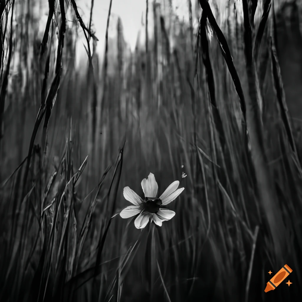 black and white photograph of a glowing flower in a field