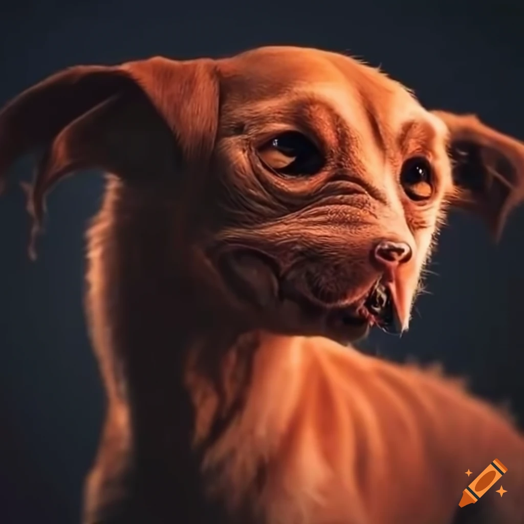 surreal artwork of a red-haired dog-headed creature on stairs