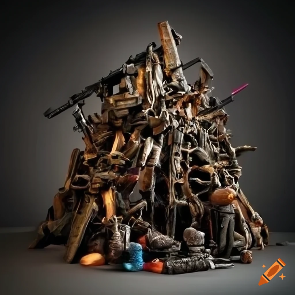 sculpture of a pile of weapons and toys
