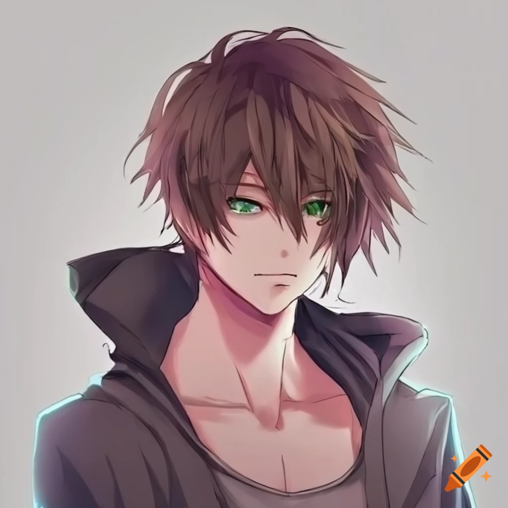 anime character with brown hair and green eyes