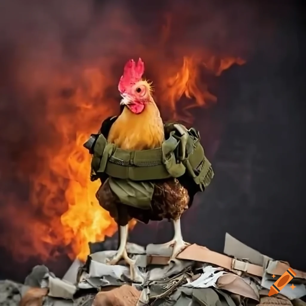 Chicken wearing tactical vest on battlefield on Craiyon