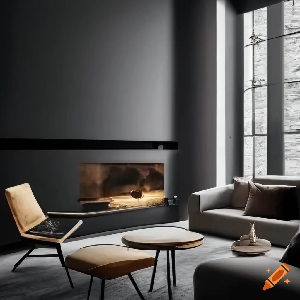 Contemporary modern living room with stone and black metal on Craiyon