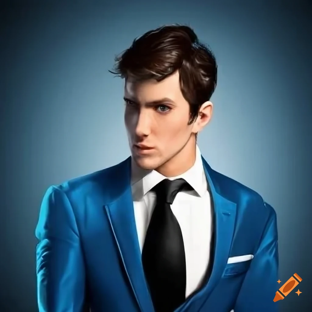 man in a blue tuxedo and black tie