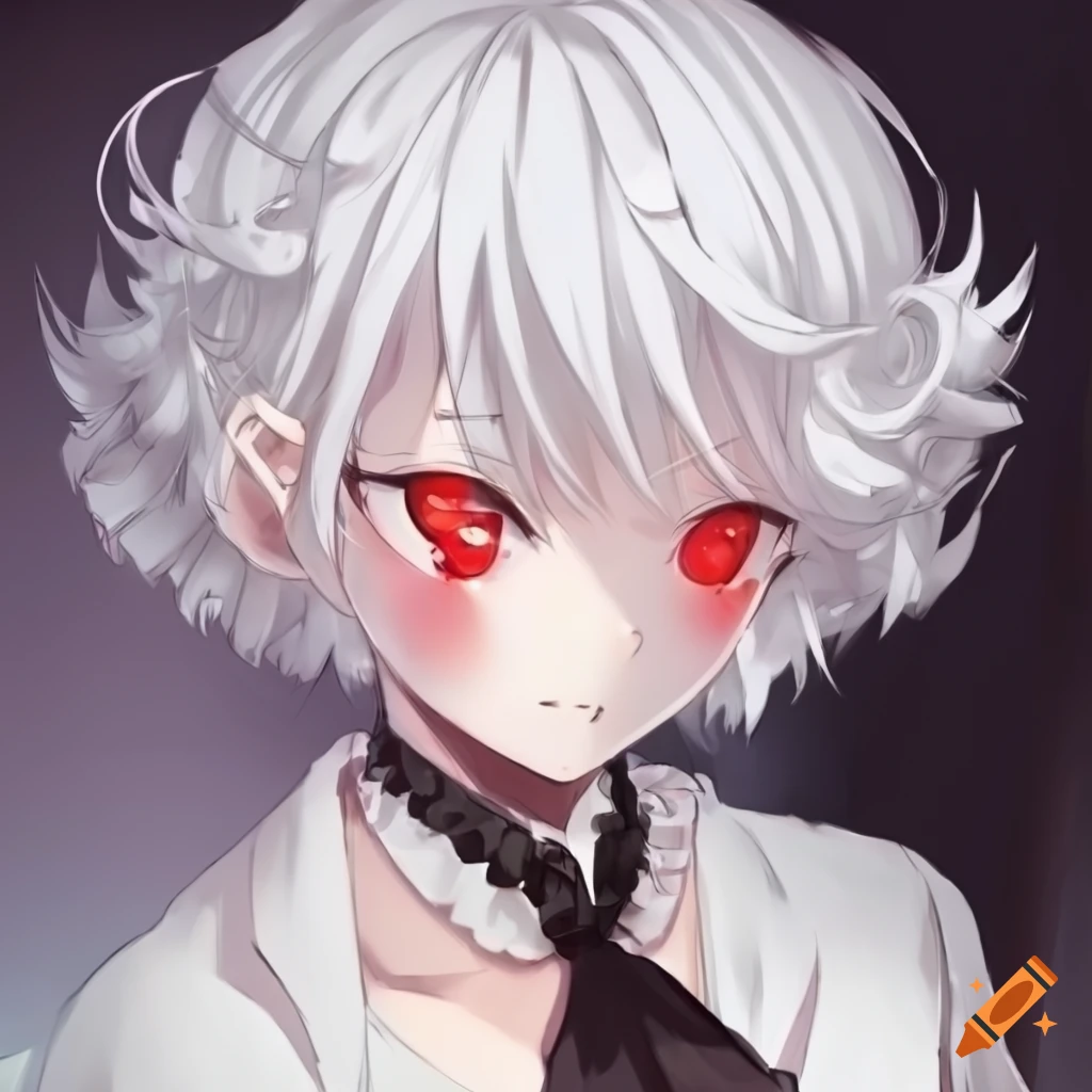 cute anime character with white ruffled hair and red eyes
