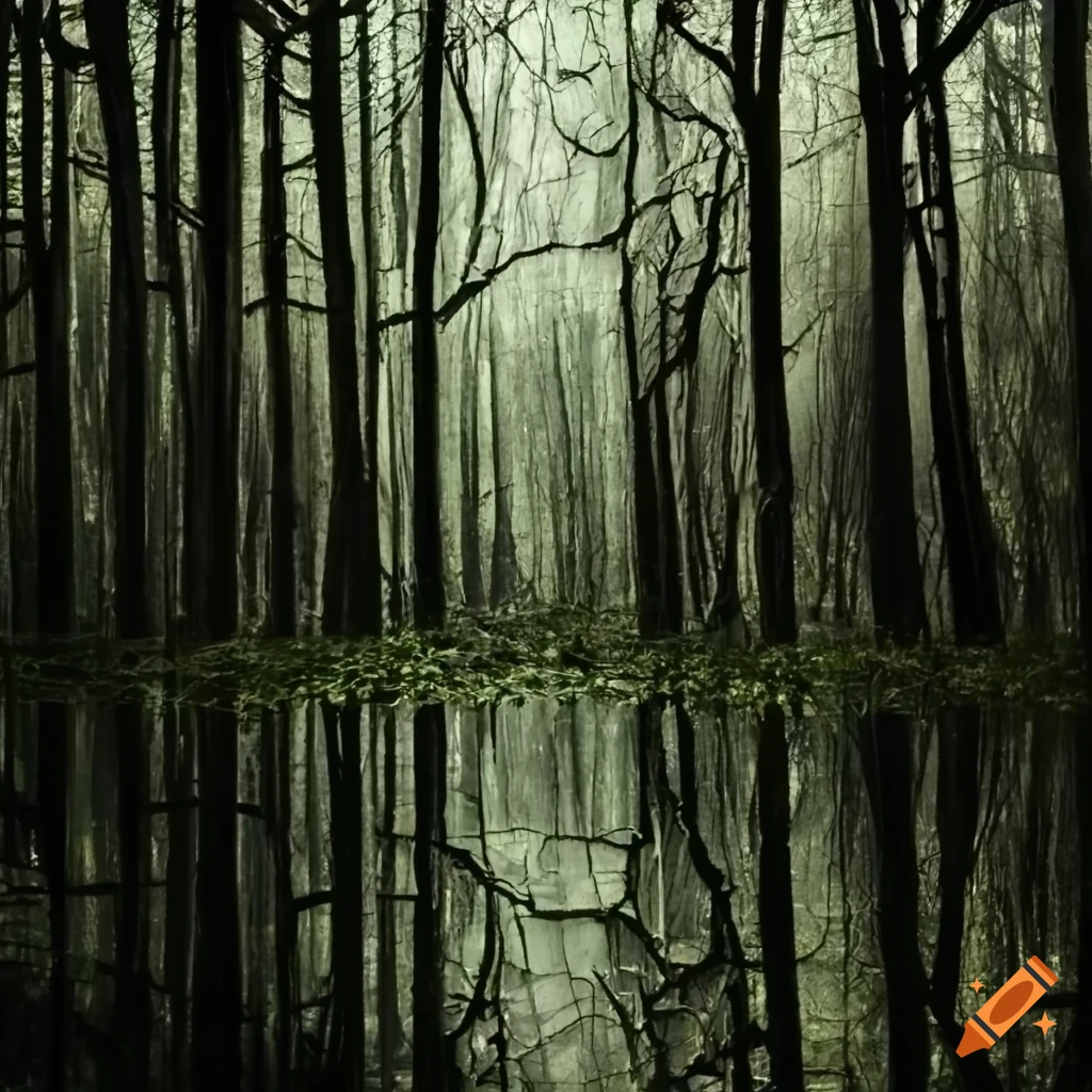 image of a surreal forest with cracked mirrors and missing shoes