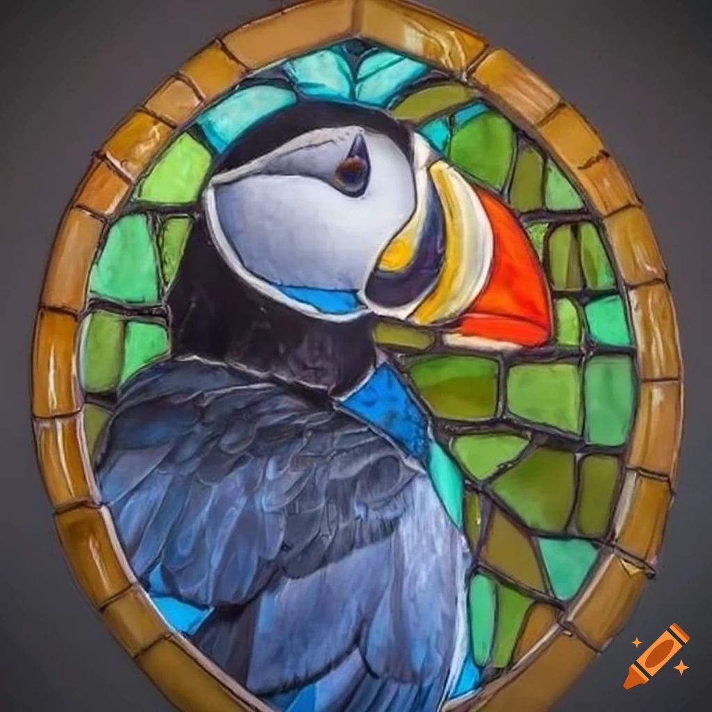 Colorful stained glass portrayal of a puffin