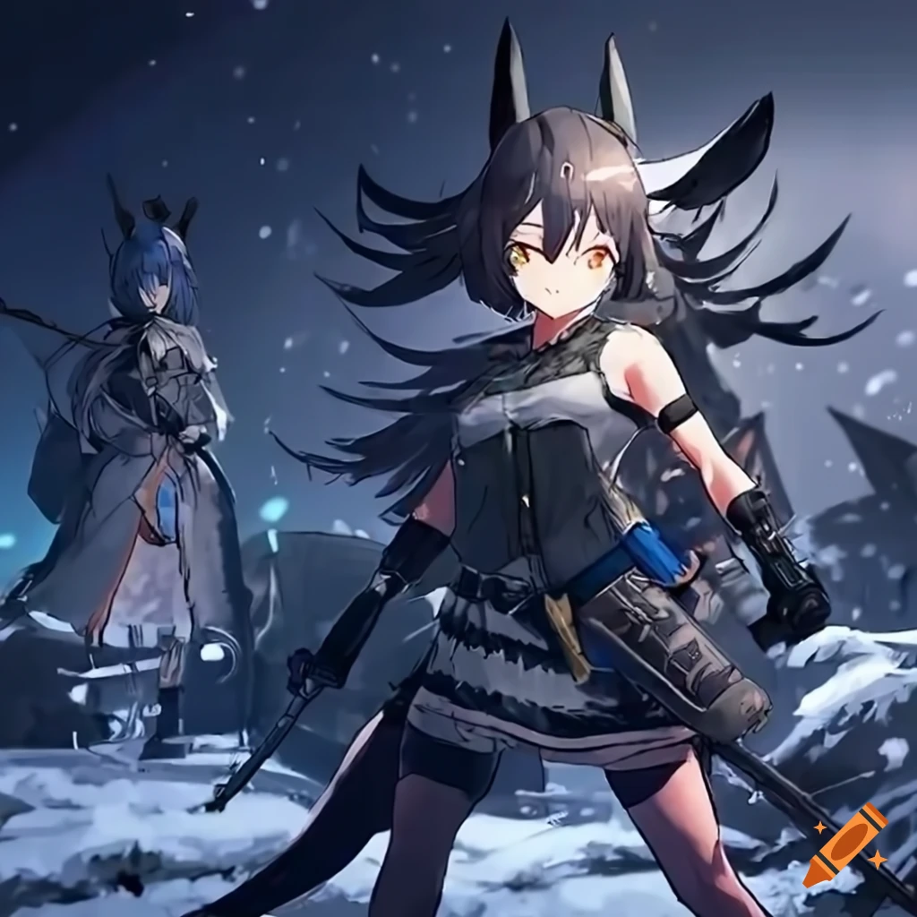 Epic arknights battle scene in the snow