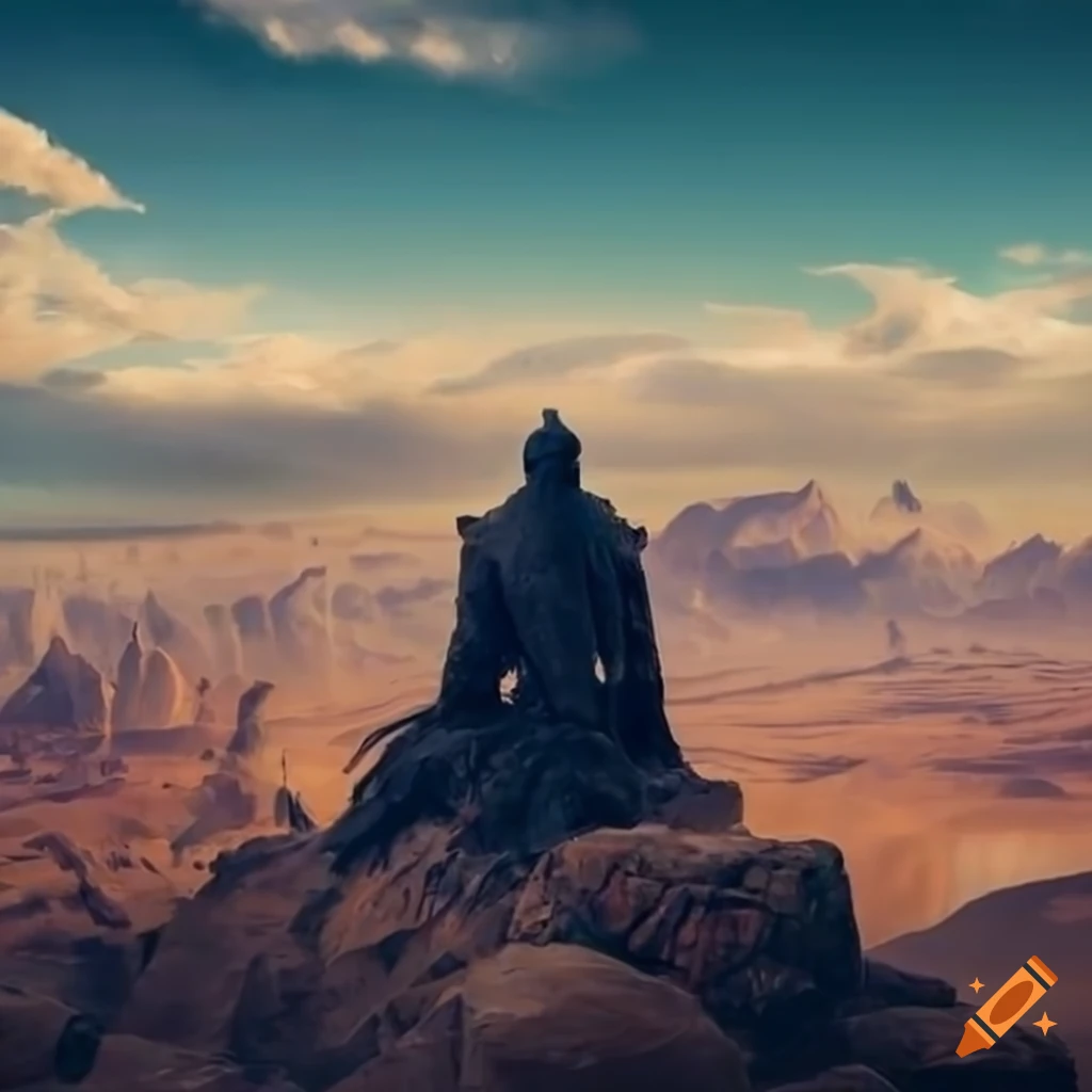 Image of a lone warrior surveying a desert city from a mountain on Craiyon