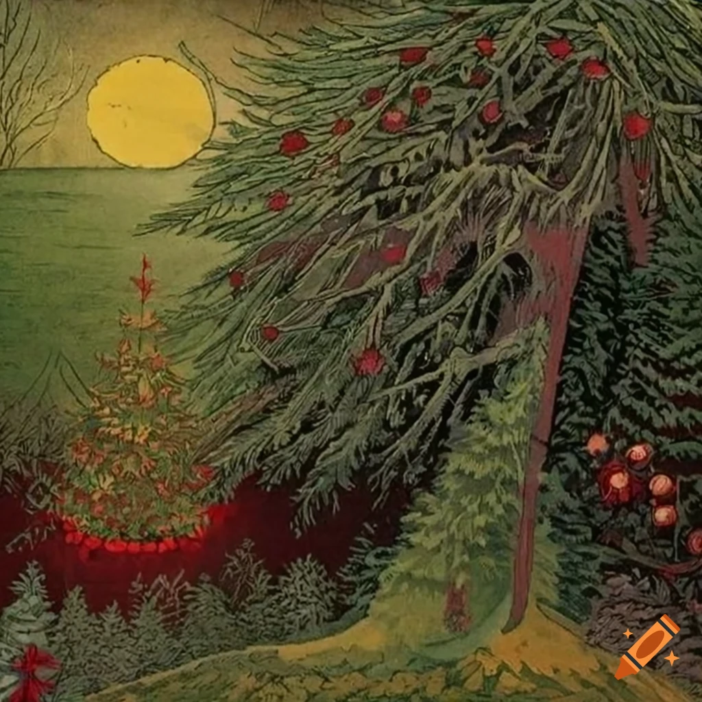 intricate Christmas tree illustration in a magical forest