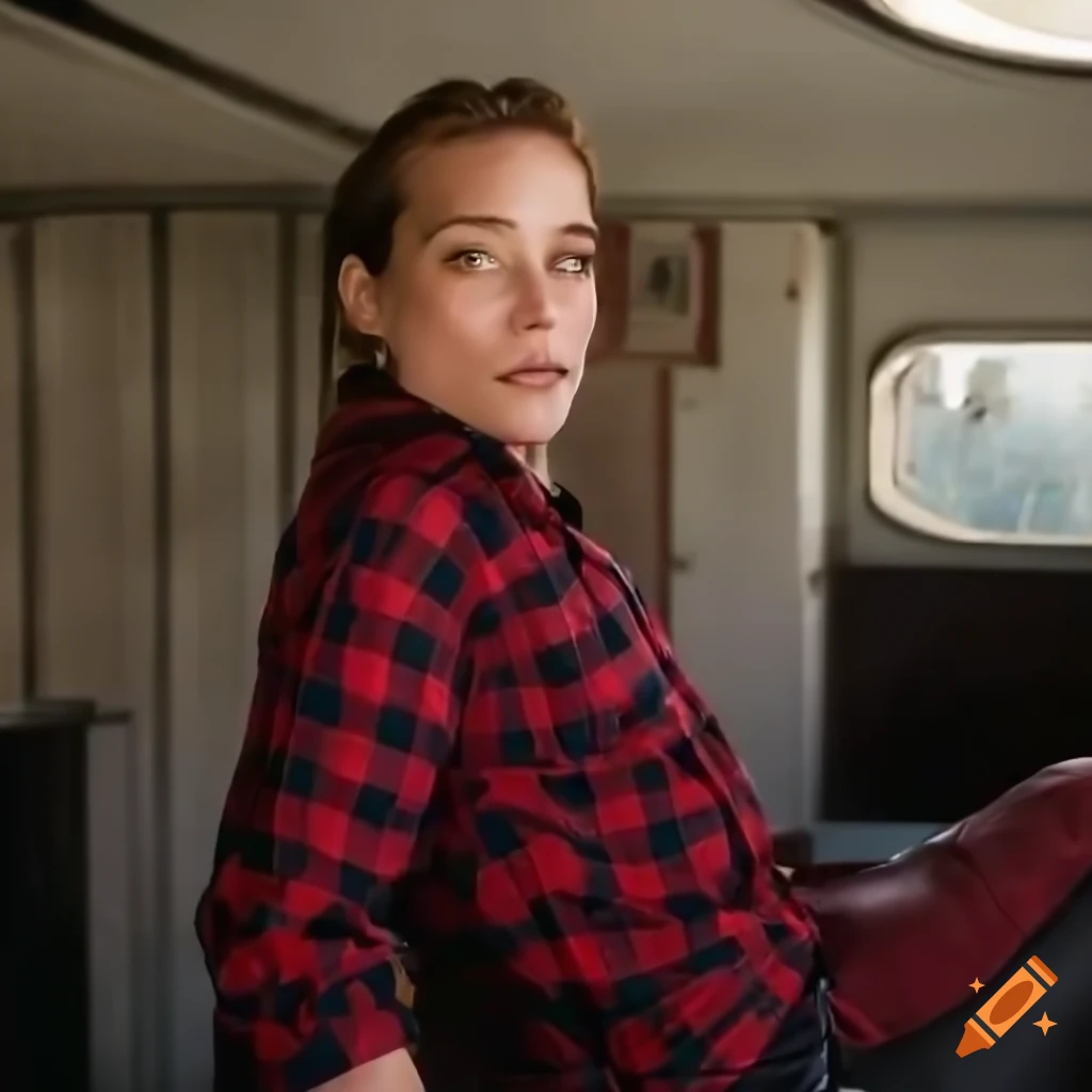 actress-with-red-plaid-shirt-and-black-leather-trousers-on-craiyon