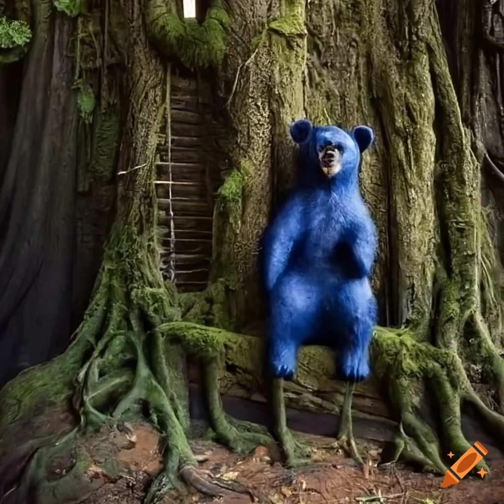 anthropomorphic bear smoking a pipe in a mossy cabin