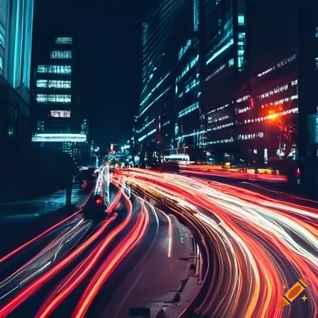 long-exposure photo of a busy night intersection